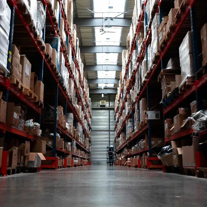 Allées d'un entrepôt logistique avec rayonnages de stockage/Warehouse aisles with storage shelving systems
