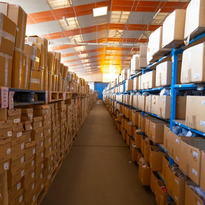 Entrepôt avec cartons stockés sur rayonnages/Warehouse with boxes stored on shelving