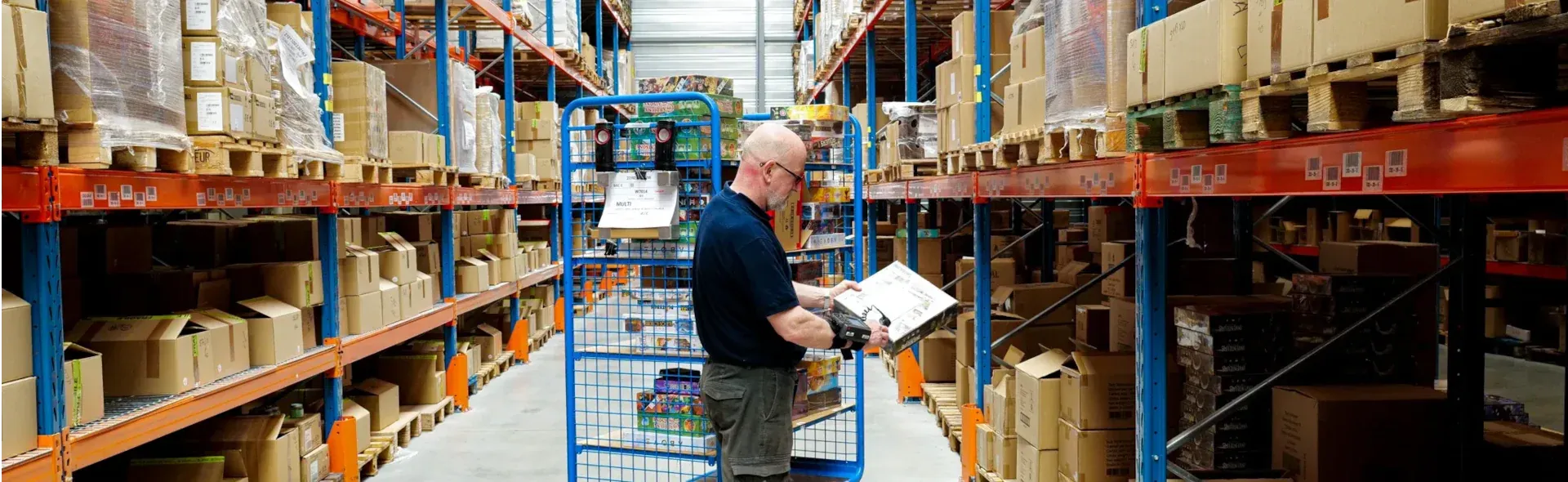 employé qui scan les colis avant de les mettre dans son cadis/employee who scans parcels before placing them in his caddy