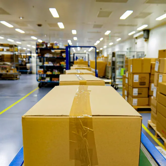 Cartons sur tapis roulant d'entrepôt/Boxes on warehouse conveyor belt